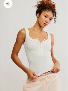 Free People  Ribbed Clean Slate Henley Tank Top -Ivory Lg/XL